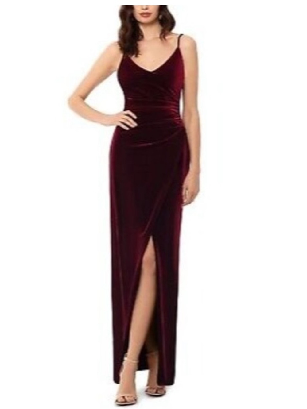 Betsey & Adam Burgundy Red Velvet Dress Ruched High Slit Size 14 #A20806